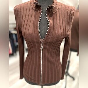 Brown Ribbed Form Fitting Cardigan with Fancy Rhinestone Zipper. Brown. Size S